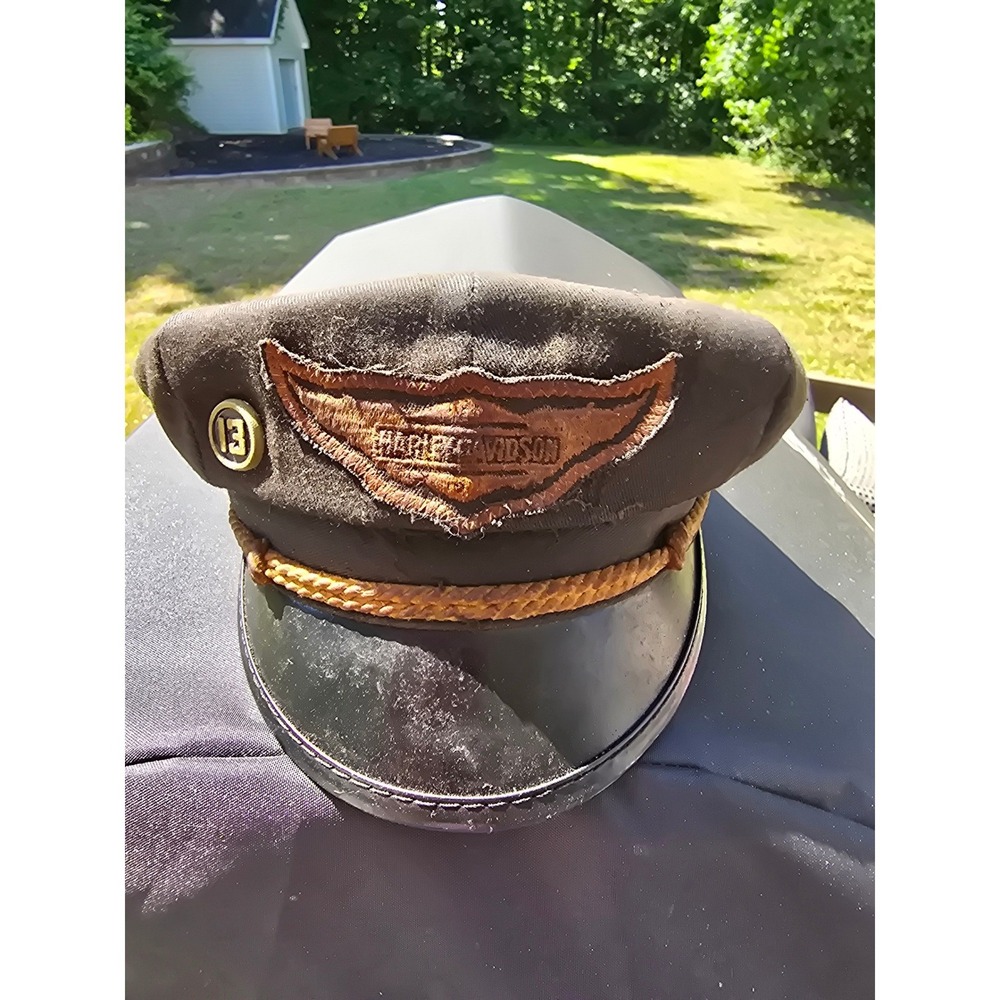Vintage Harley Davidson Biker Captain Hat Distressed Motorcycle Cap Black Brown
